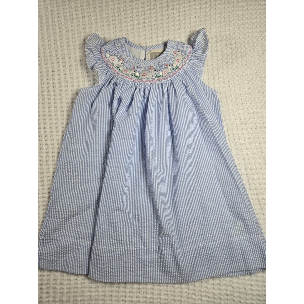 Lil Cactus Blue Seersucker Smocked Bunny‎ Dress 3T Southern Belle Cottagecore